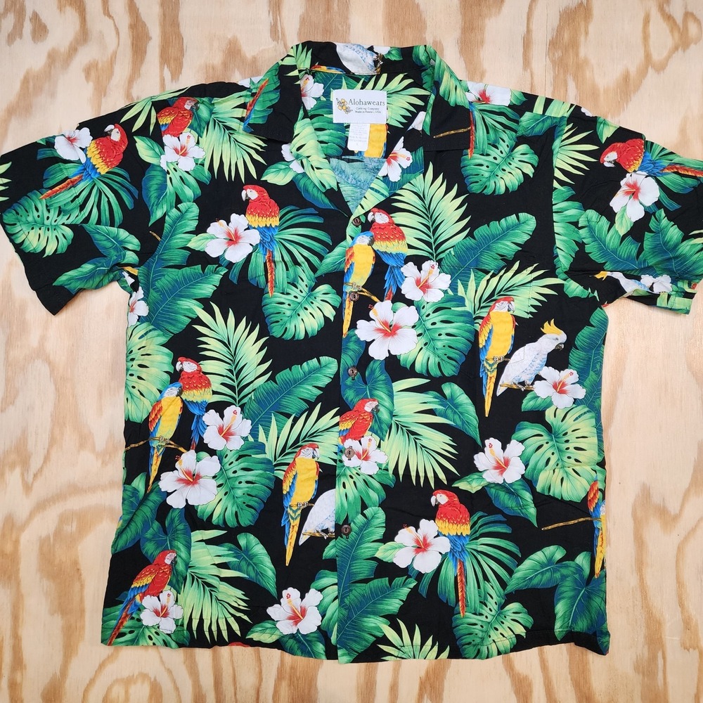 Alohawears Hawaiian Mens L Shirt Tropical Floral Made In Hawaii Parrots Colorful - Picture 2 of 5